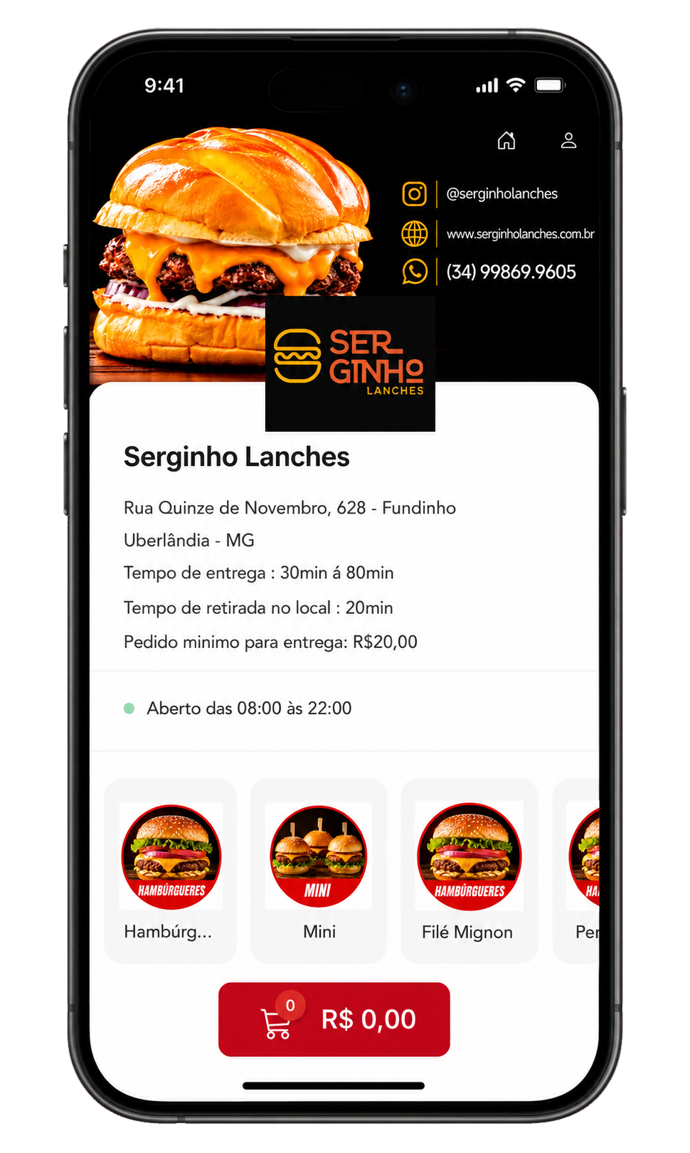 Mockup do cardápio Serginho Lanches exibido em um celular
